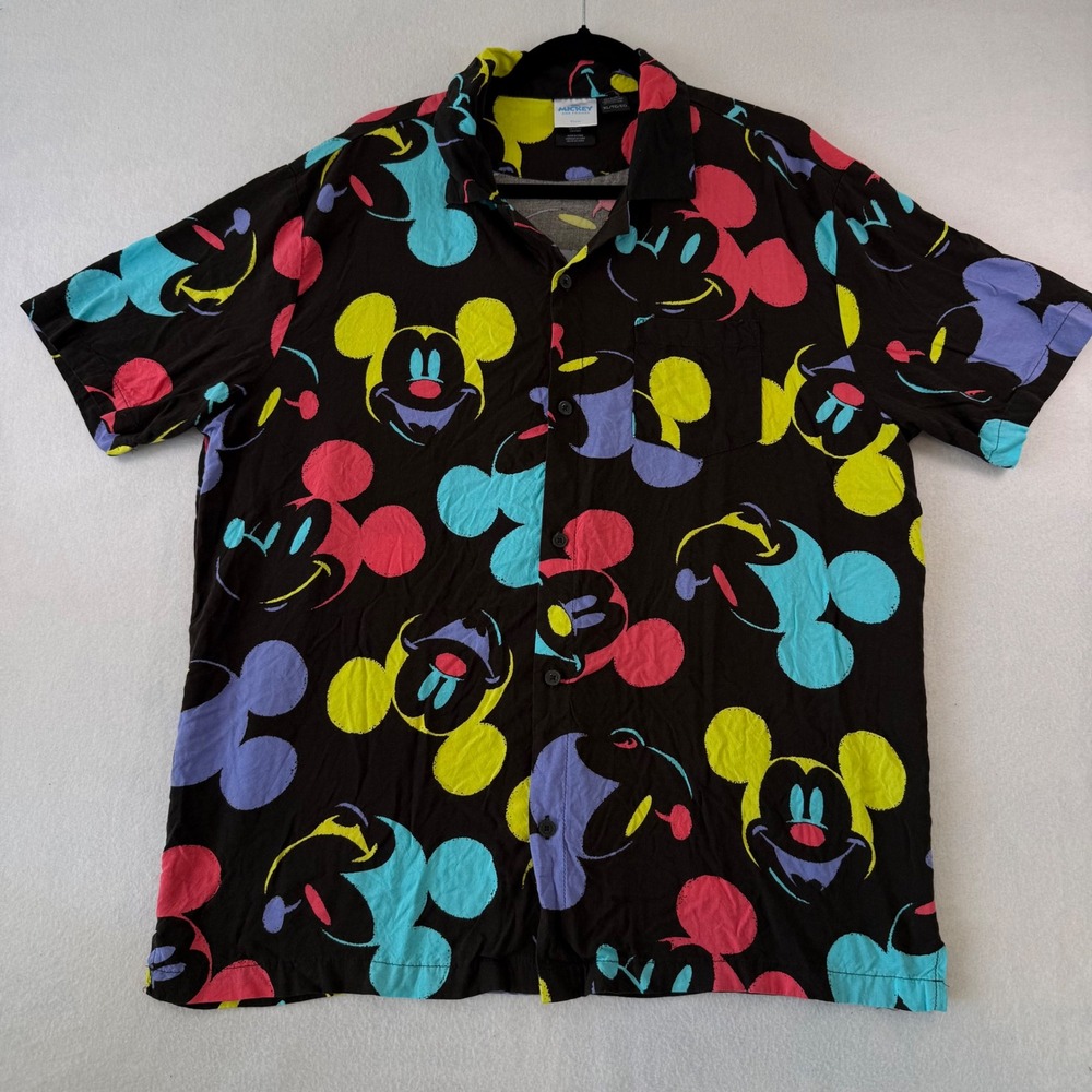 Disney Mickey Mouse Mad Engine Neon All Over Print Rayon Button Up Shirt Mens XL